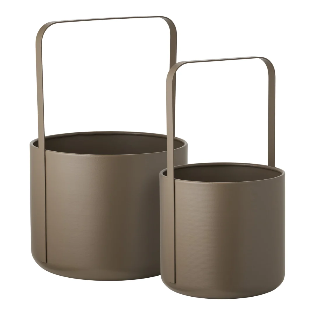 Set van 2 Baullino bloempotten van bruin staal met handvat, modern en robuust ontwerp in twee formaten