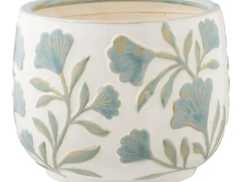 Bloempot Billum keramiek wit met blauw bloemreliëf, H17,5 cm, compacte stijlvolle plantenpot