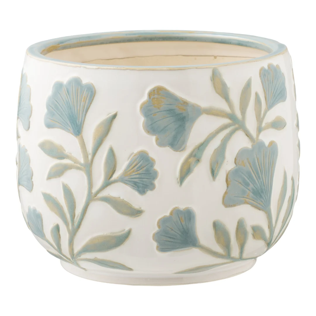 Bloempot Billum keramiek wit met blauw bloemreliëf, H17,5 cm, compacte stijlvolle plantenpot