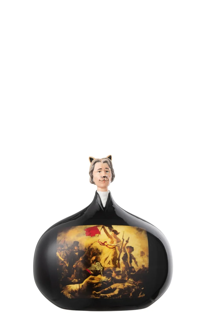 Beeld Rulol Dolomiet Meerkleurig H12 cm, zwart decor met kunstprint en speels kattenhoofd