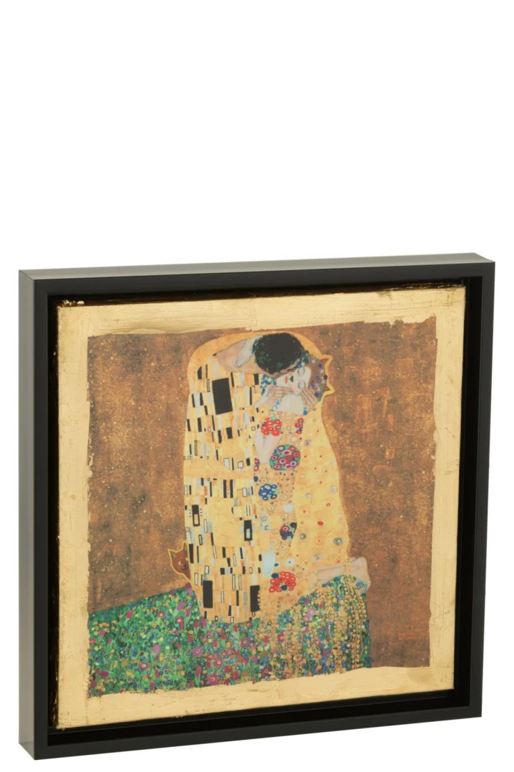 Woonaccessoire Kleennas met meerkleurig Klimt-portret in zwarte lijst, 34 x 34 cm, polyresin en houtlook