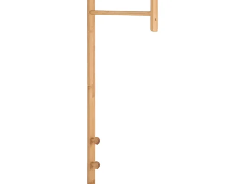 Lurronte bamboe kledingrek met slank design en drie houten haken, naturel afwerking, compact voor kleine ruimtes