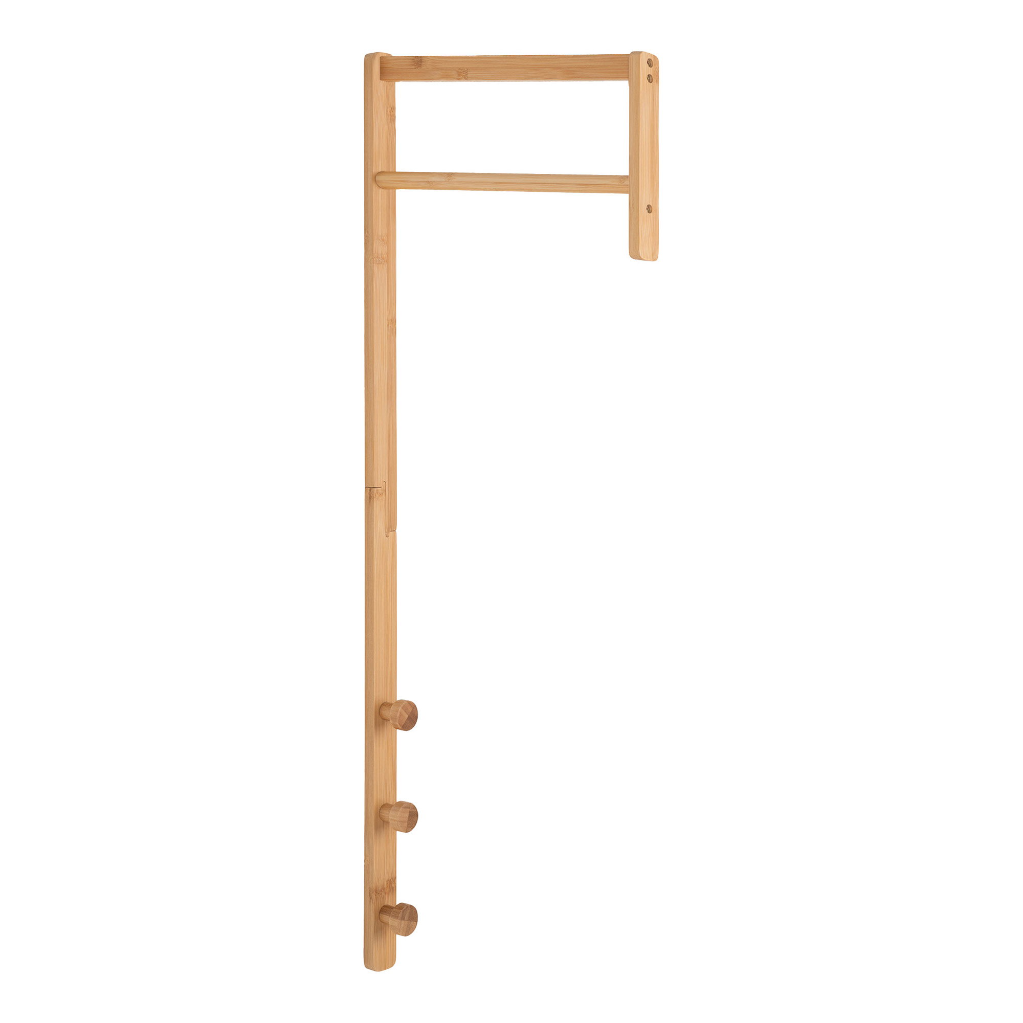 Lurronte bamboe kledingrek met slank design en drie houten haken, naturel afwerking, compact voor kleine ruimtes