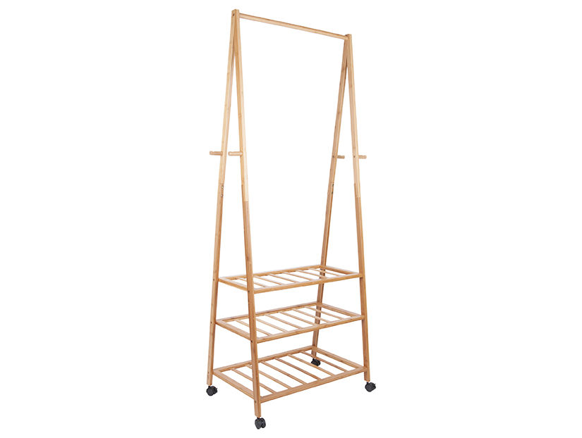 Skaady bamboe kledingrek naturel met wielen en drie planken voor kleding en accessoires