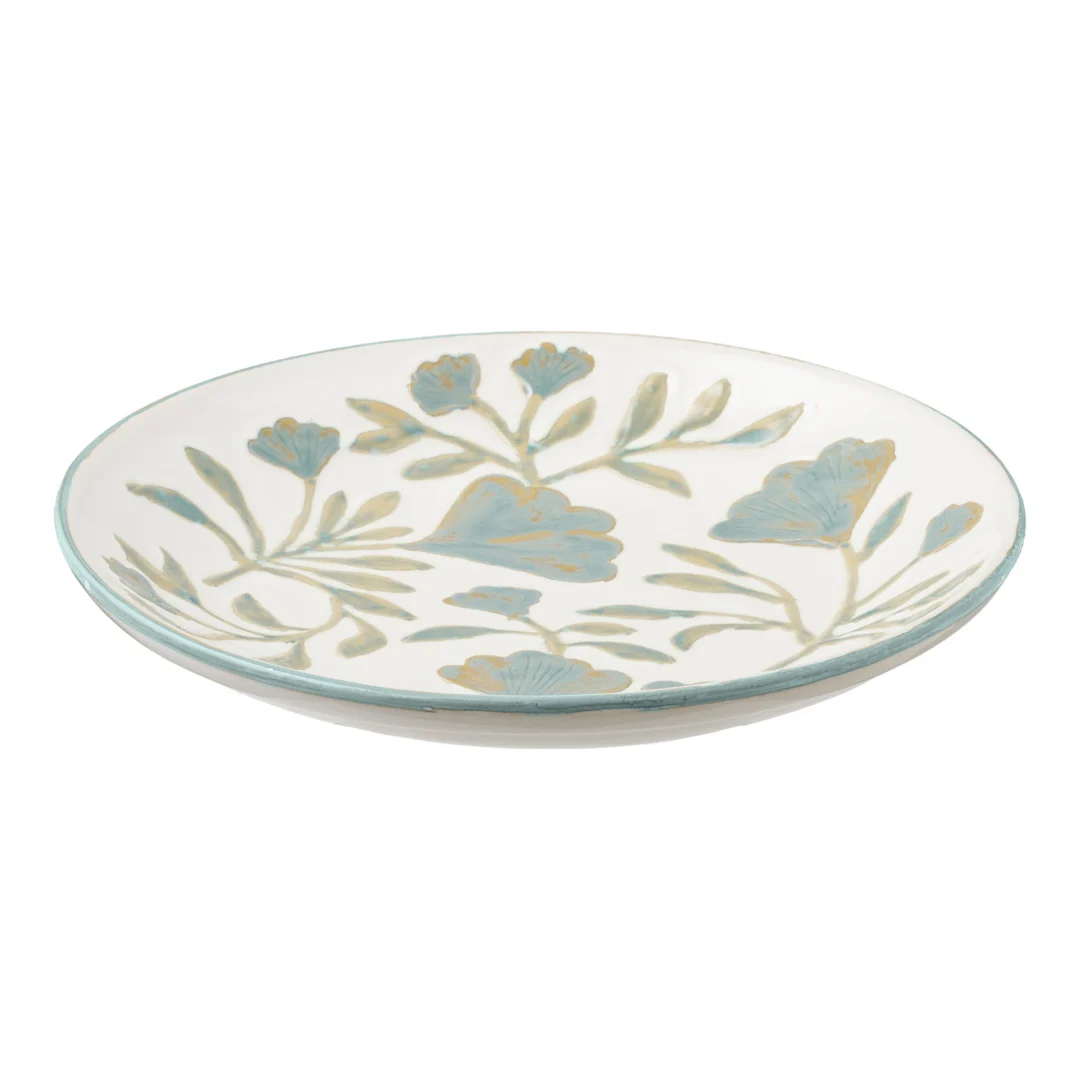 Wit keramisch dienblad Grindund met gemêleerde blauwe bloemenprint en opstaande rand, 35,5 cm rond