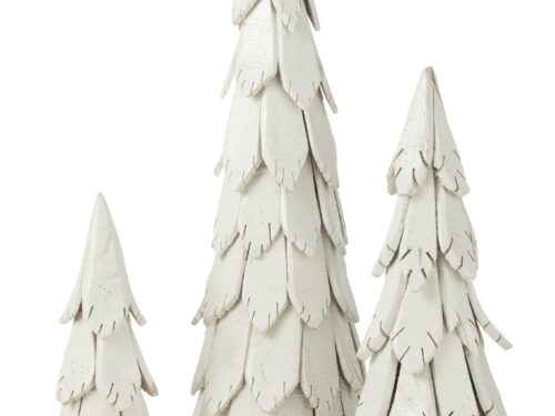 Witte houten kerstboom Keesone 120 cm met gelaagde bladeren, sfeervolle winterdecoratie van kastanjehout