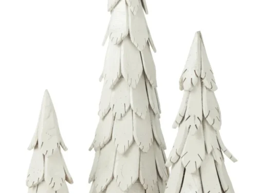 Witte houten kerstboom Keesone 120 cm met gelaagde bladeren, sfeervolle winterdecoratie van kastanjehout