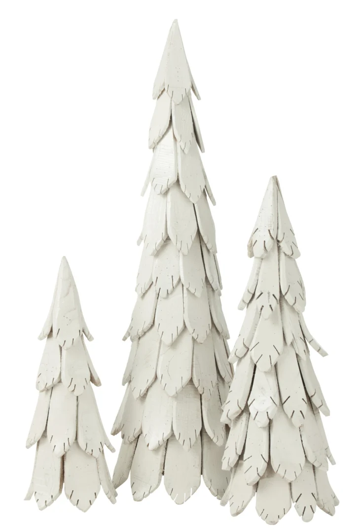 Witte houten kerstboom Keesone 120 cm met gelaagde bladeren, sfeervolle winterdecoratie van kastanjehout