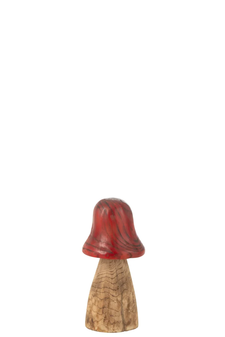 Bell Top paddenstoel decoratiefiguur van meerkleurig hout, rood hoedje en natuurlijke houtnerf, 32 cm hoog