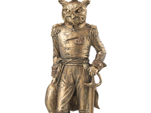 Decoratiefiguur Jaarri uil in antiekgoud polyresin, 38 cm hoog, met historische outfit en zwaard