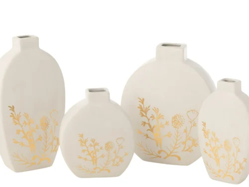 Skoostang witte porseleinen vazen set van 2 met bloemmotief en gouden accenten, H28 cm
