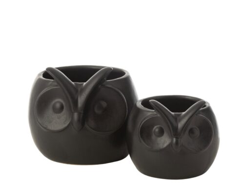 Zwarte Daller porseleinen bloempot met uilvorm en glanzende afwerking, compact formaat H13 cm
