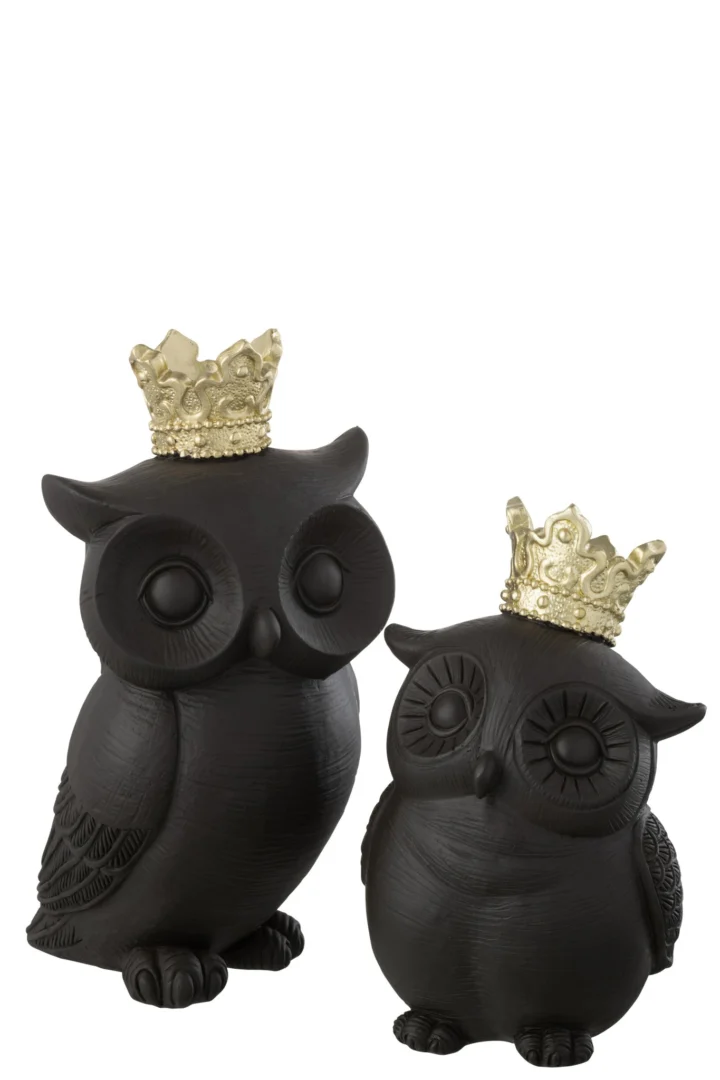 Zwart Ornament Jelal met twee uilen en gouden kronen, decoratief woonaccessoire van gips en polyhars
