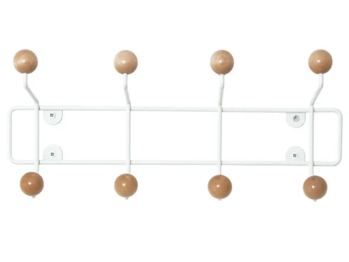 Woonaccessoire Gookar Hout wandkapstok met wit metaal en houten bollen, modern en praktisch voor hal of slaapkamer