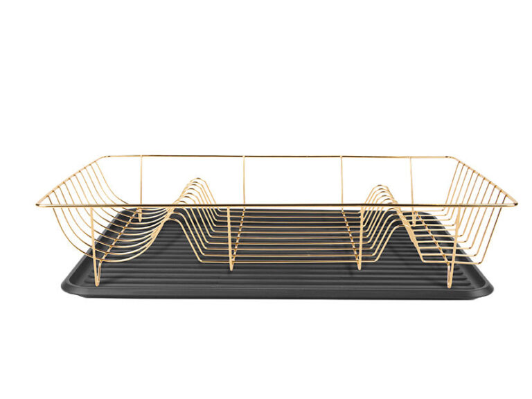 Dienblad Greedura Zwart met goudkleurige metalen houder en geribbelde zwarte tray, modern en compactesignatuur