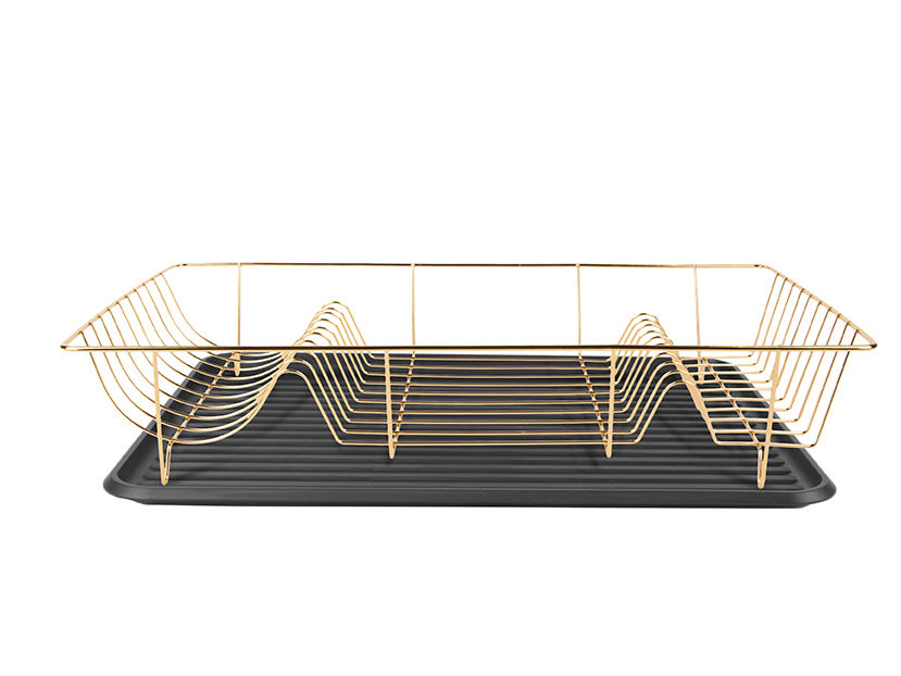 Dienblad Greedura Zwart met goudkleurige metalen houder en geribbelde zwarte tray, modern en compactesignatuur