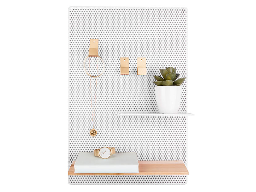 Memobord Bivor Wit met pegboard, plankje, haken en strakke witte wandopslag voor accessoires