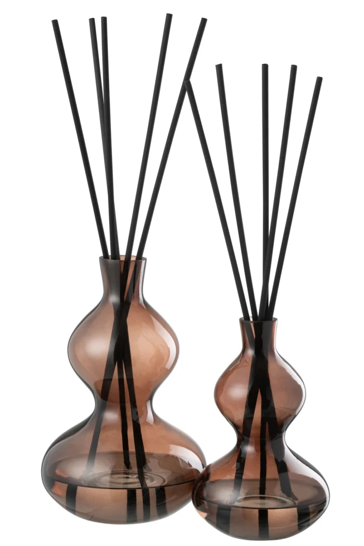 Geurolie Braalline Glas Bruin met zwarte geurstokjes, stijlvolle diffuser in royale organische vorm