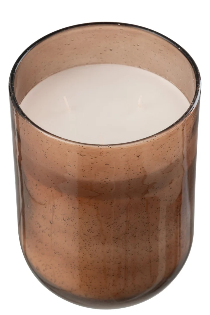 Skumman geurkaars in bruin glas met witte paraffine en decoratieve bubbels