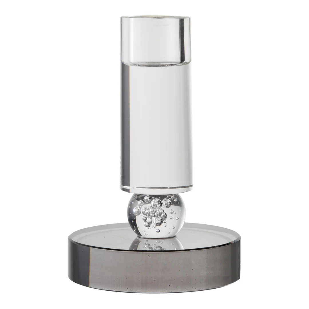 Kaarsenhouder Pau van grijs-wit glas met elegant design en decoratieve bubbelbasis