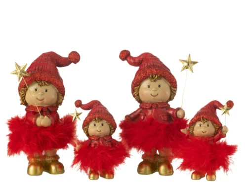 Decoratie Gaustora polyresin set van 2 kerstfiguren in rood met glittermuts en gouden sterretje
