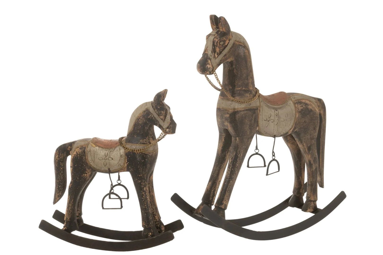 Surmano mangohouten woonaccessoire: twee meerkleurige schommelpaarden met stoere ijzerdetails