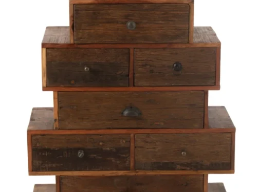 Wandplank Loolis van gerecycled hout, naturel afwerking, met zes lades en warme vintage uitstraling