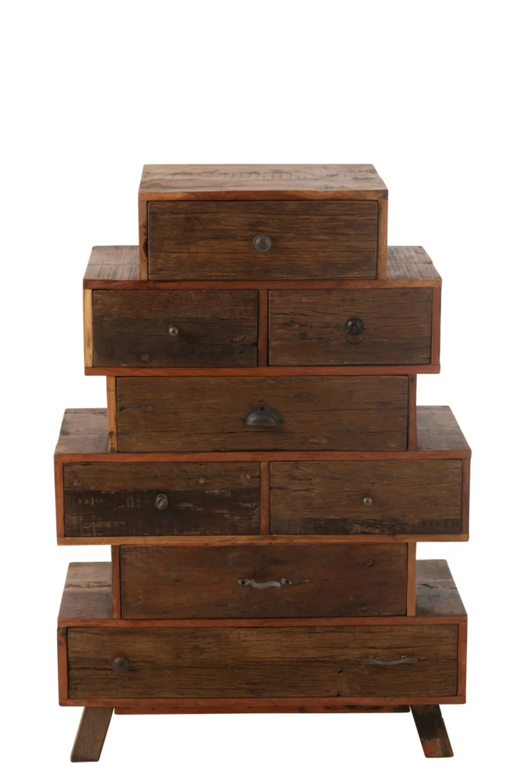 Wandplank Loolis van gerecycled hout, naturel afwerking, met zes lades en warme vintage uitstraling