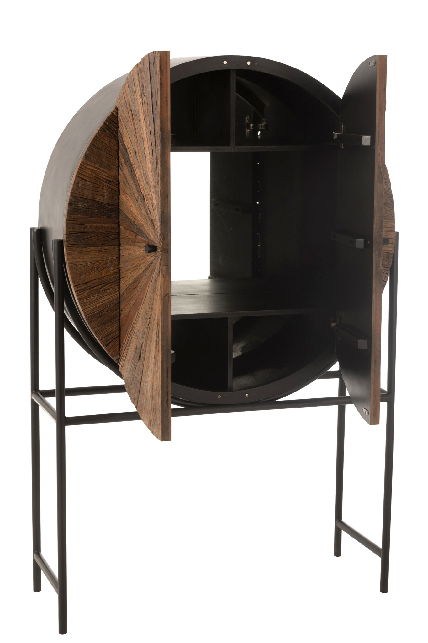 Barmeubel Tramontana Bruin met open deuren, gerecycled hout en zwart metalen frame, stoer design
