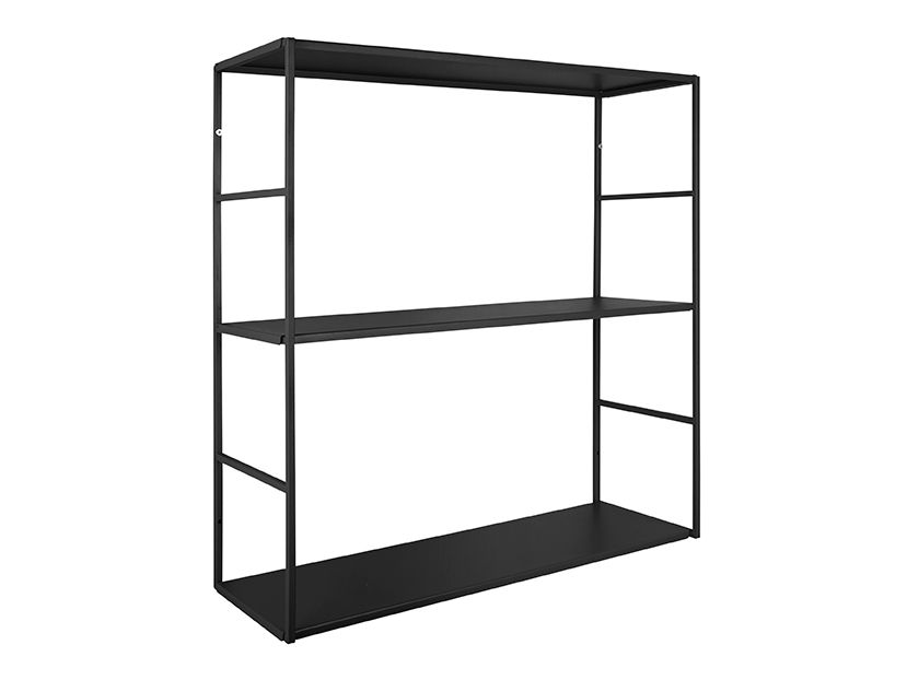 Wandrek Boskena Metaal zwart, modern wandrek met matte afwerking en twee planken voor extra opbergruimte