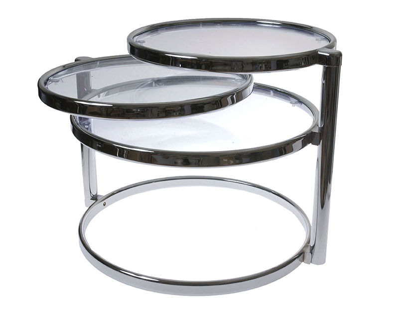 Tafel Lenas Glas met drie glazen bladen en glanzend metalen frame, modern en luchtig design