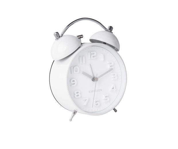 Wekker Prodira Wit met compact rond design, dubbele bel en witte wijzerplaat voor op nachtkastje of bureau