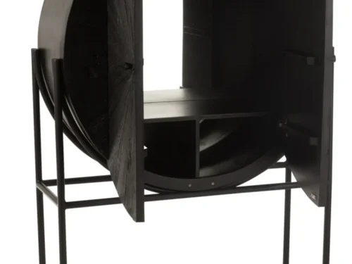 Barmeubel Zaubos Zwart 105 cm, opengeklapt rond ontwerp van metaal, MDF en gerecycled hout op slank frame