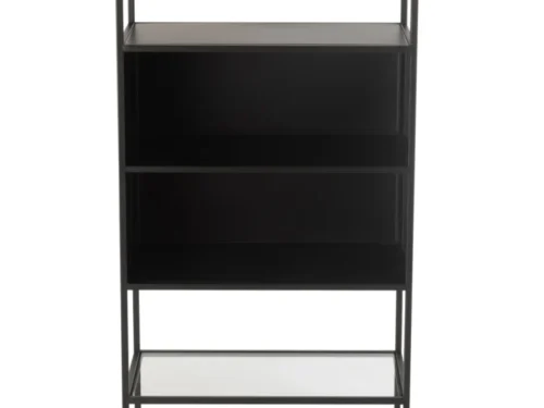 Wandplank Fleirond metaal zwart, slank rek met glazen plank en open vakken