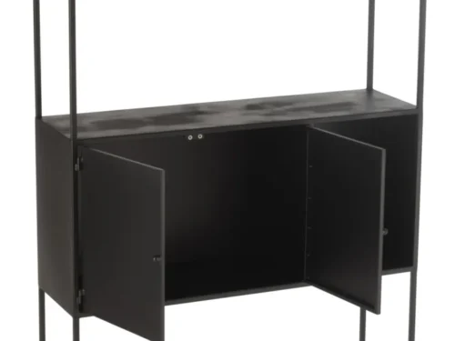 Wandplank Bietona Metaal 90 cm met zwarte ijzeren lijst, glazen planken en opbergkastje met dubbele deuren