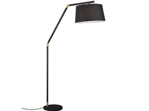 Vloerlamp Zeelon matzwart met zwarte textielen kap, modern design met slanke arm en voetenschakelaar