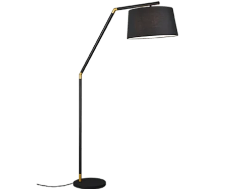 Vloerlamp Zeelon matzwart met zwarte textielen kap, modern design met slanke arm en voetenschakelaar