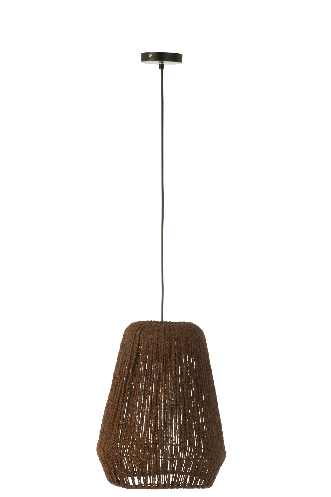 Hanglamp Lindona Palmblad met bruine gevlochten kap en zwart metalen ophanging, natuurlijke stoere look