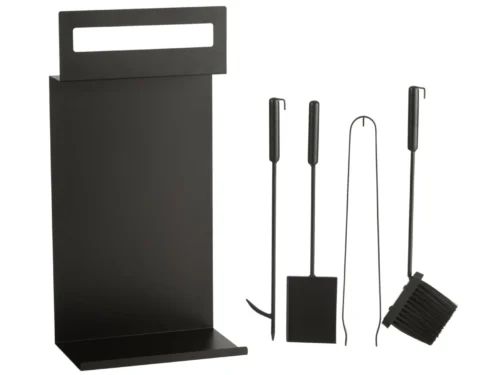 Woonaccessoire Stoonder metaal zwart met haardset: houder, pook, schep, tang en borstel in modern design