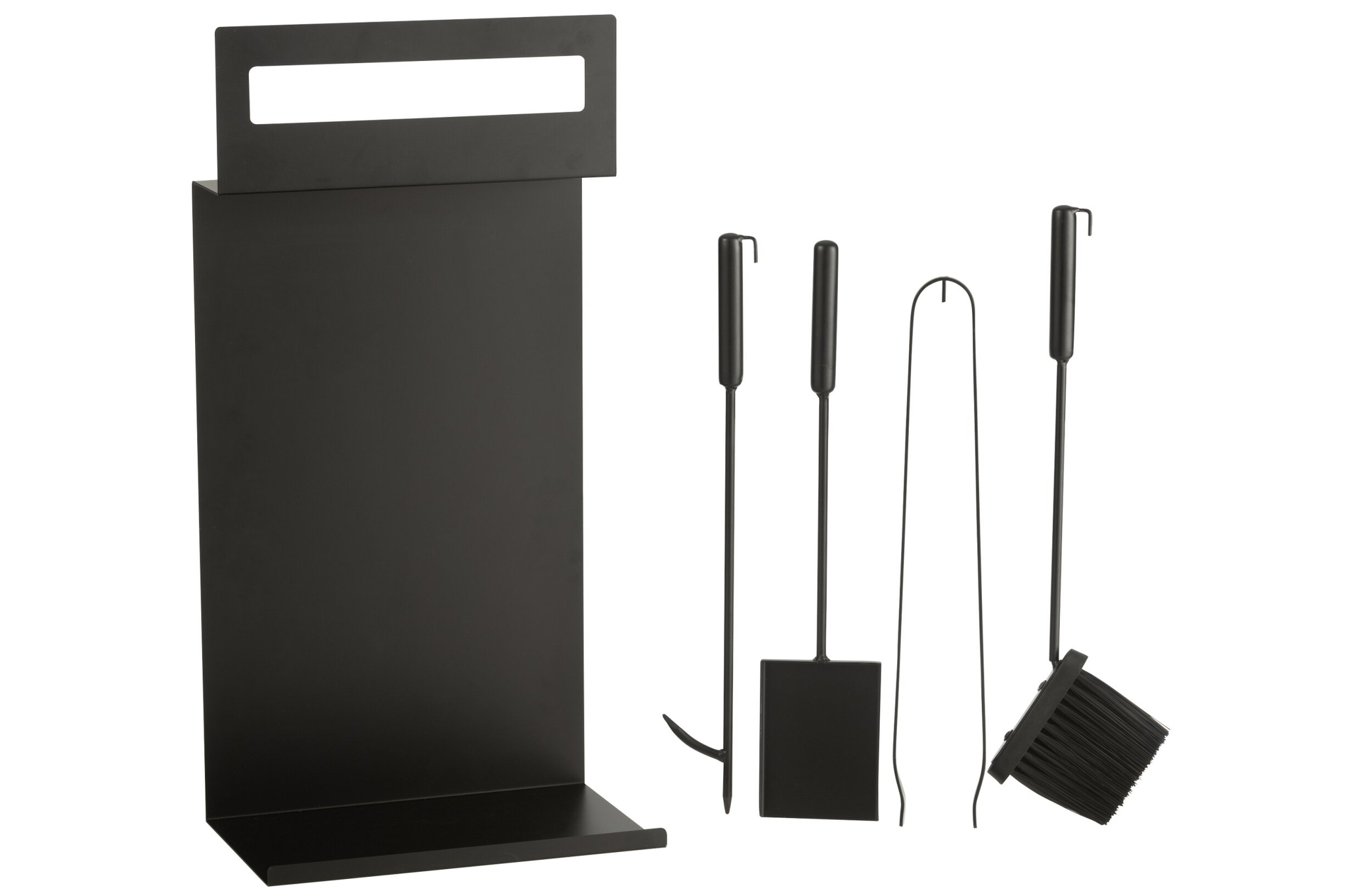 Woonaccessoire Stoonder metaal zwart met haardset: houder, pook, schep, tang en borstel in modern design