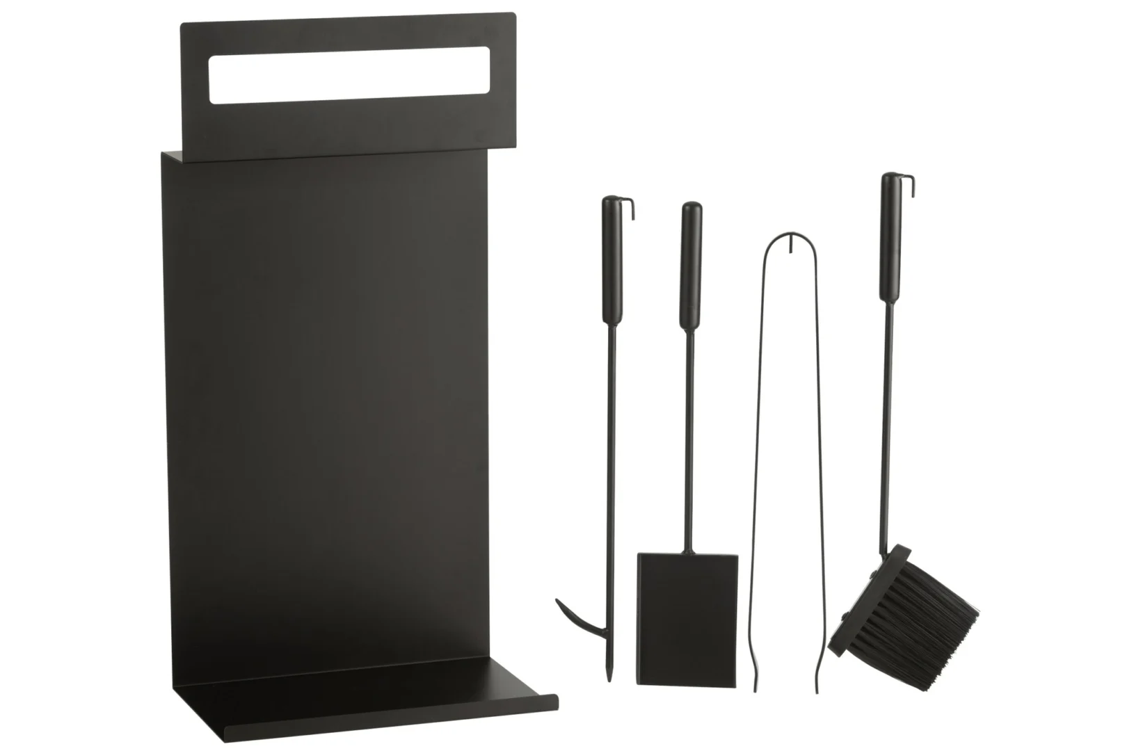 Woonaccessoire Stoonder metaal zwart met haardset: houder, pook, schep, tang en borstel in modern design