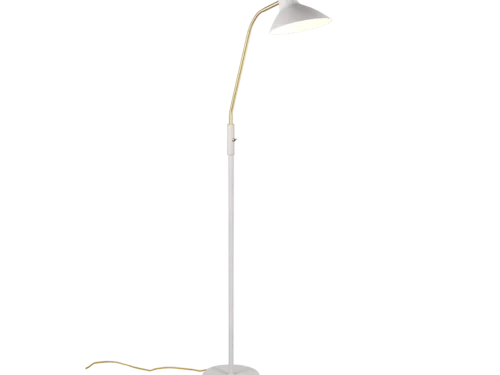 TRAVELLER vloerlamp mat messing en warmgrijs met flexibele arm, gericht licht en moderne uitstraling