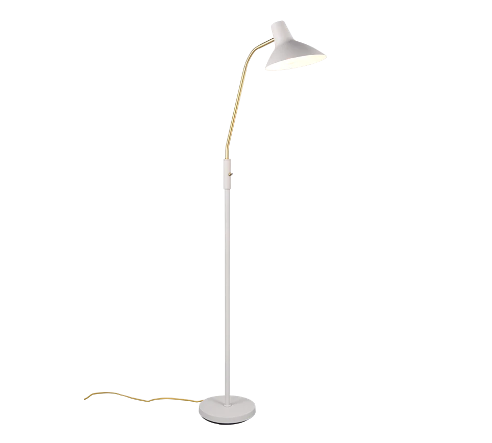 TRAVELLER vloerlamp mat messing en warmgrijs met flexibele arm, gericht licht en moderne uitstraling