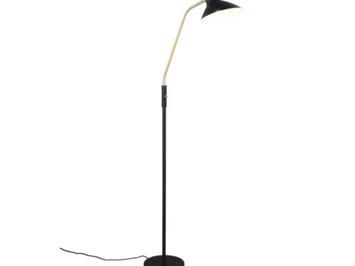 Vloerlamp Fleerine mat messing, slank zwart-goud frame en flexibele arm voor gericht licht