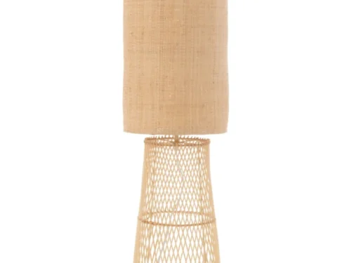 Baammor vloerlamp met linnen kap en bamboe-rotan voet, 141 cm hoog, natuurlijke warme uitstraling