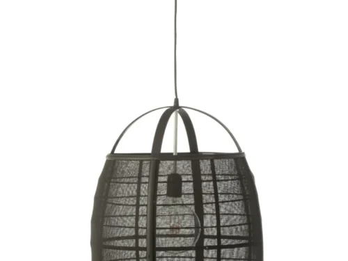 Zwarte Hanglamp Stunnas Linnen met bamboe en ijzer, sfeervolle open structuur en royale ronde vorm