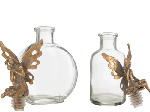 Decoratie Veerdin Glas Goud set van 2, decoratieve flessen met gouden feeënaccenten van glas en ijzer