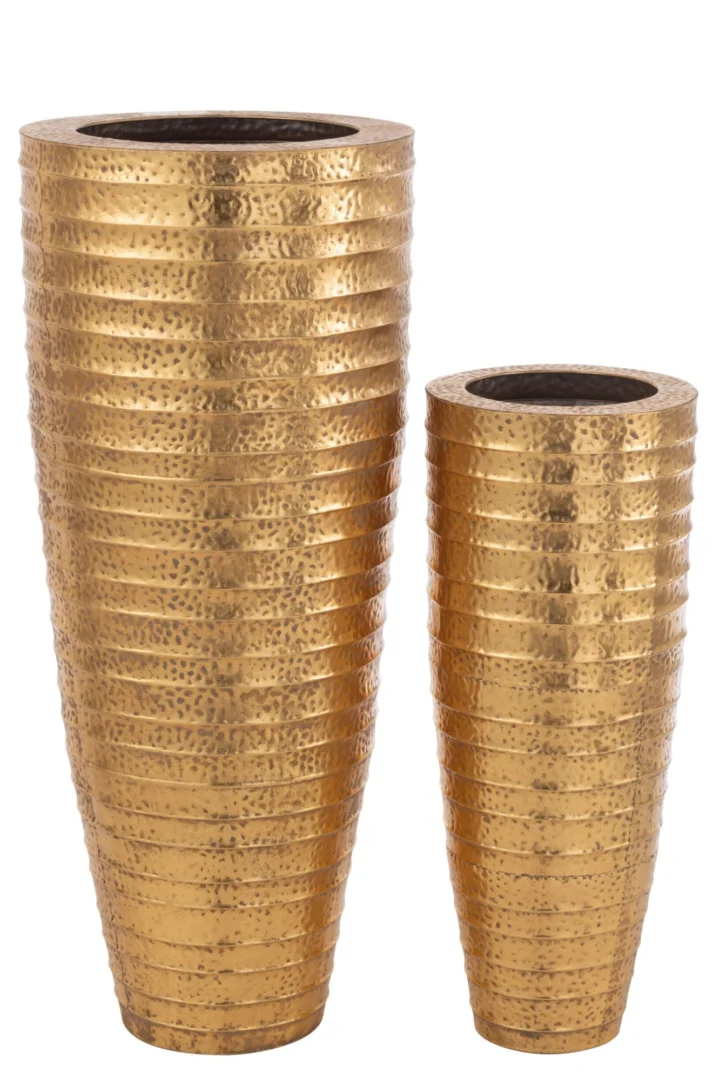 Set van 2 hoge goudkleurige metalen Prenos vazen met hamerslagafwerking, 122 cm en 2 formaten