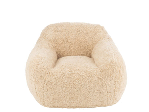 Bank Vierakker beige, compact, bekleed met zachte 100% polyester teddy-stof en afgeronde vormen