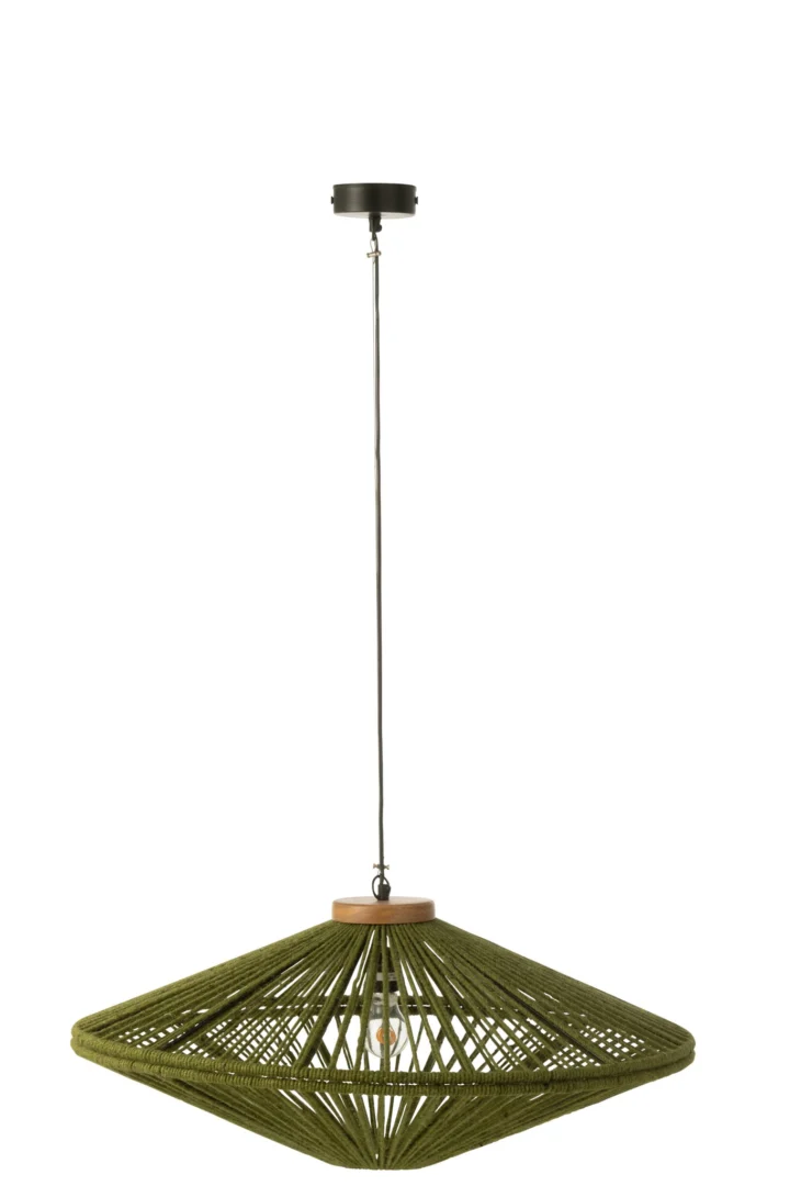 Hanglamp Jontello Groen met jute kap, mangohouten detail en E27-fitting